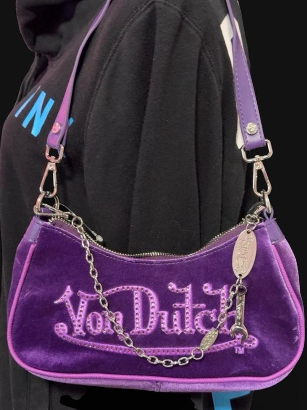 Von Dutch Purple Velvet Shoulder Bag with Silver Chain